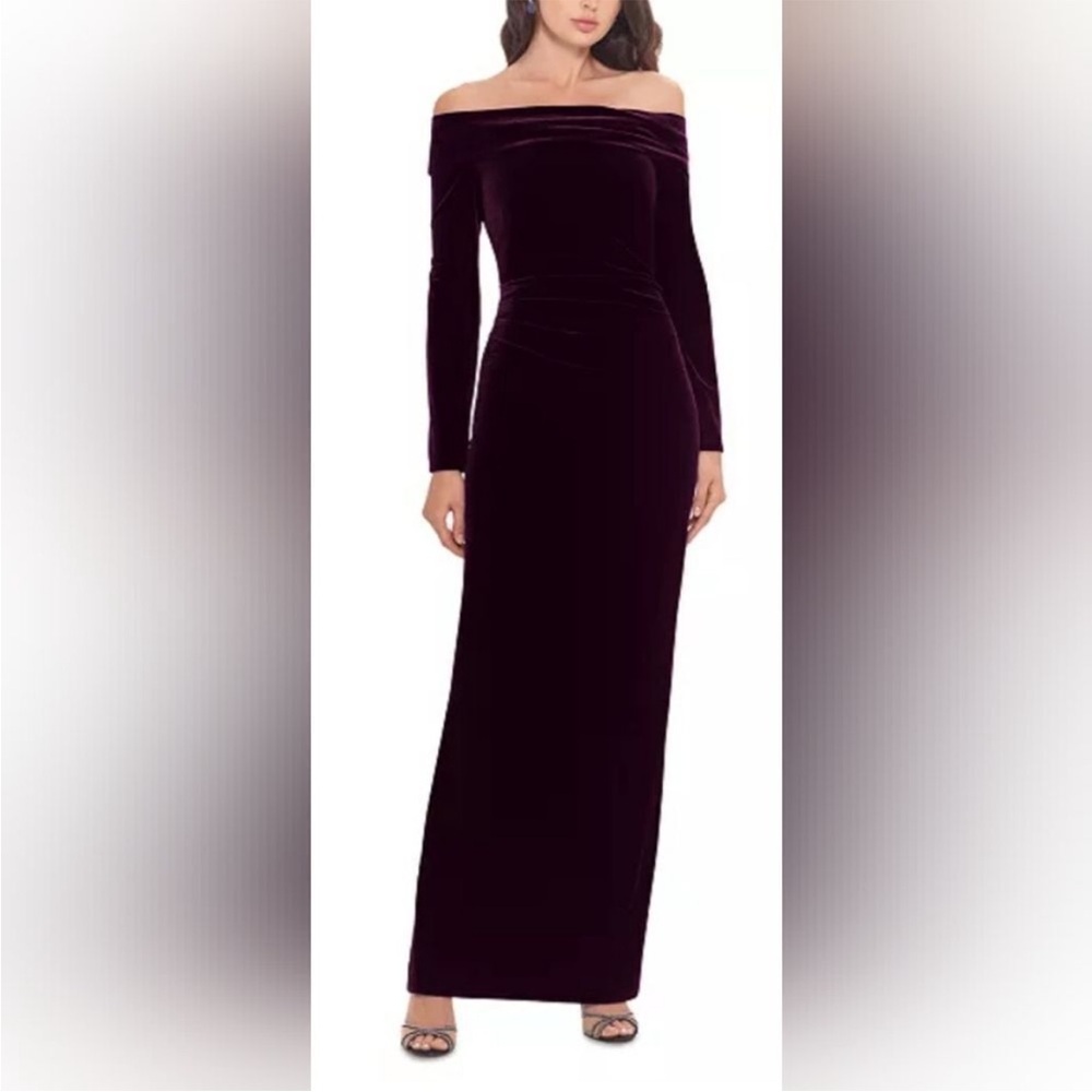 Xscape Off-Shoulder Velvet Maxi Dress in Deep Purple